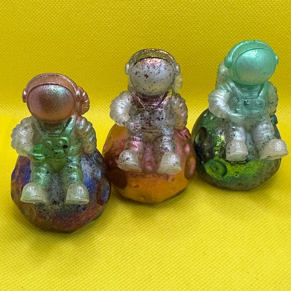 Handmade Vibrant Green, Blue and Pink Space-Themed Resin Figurines